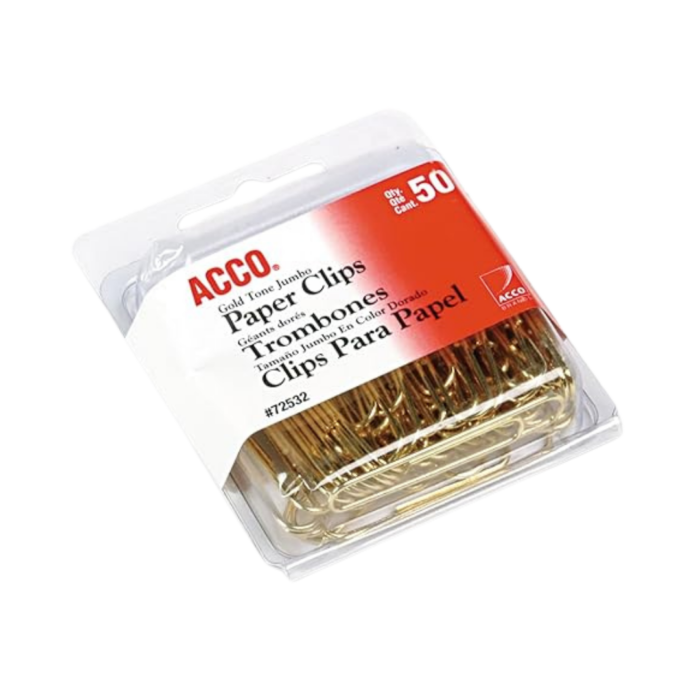 ACCO Paper Clips, Jumbo, Smooth, Gold, 50 Clips