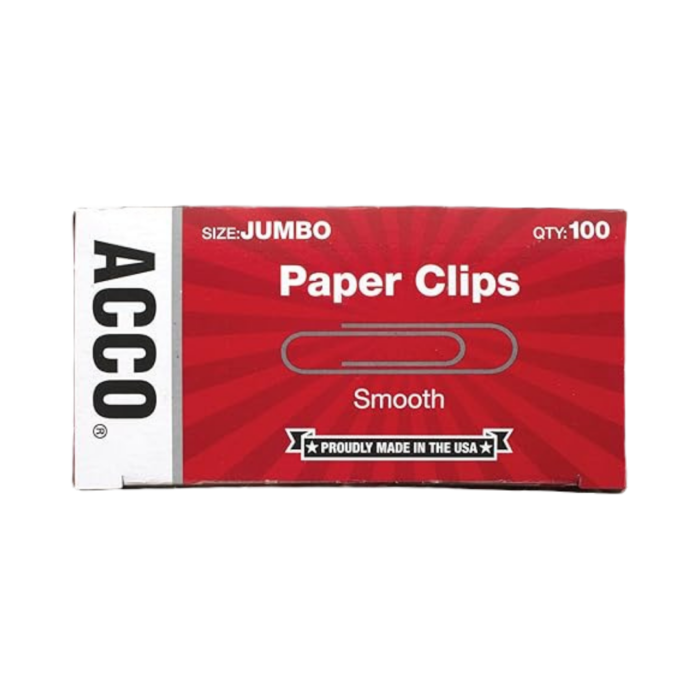 ACCO Paper Clips, Jumbo, Smooth, 100 Clips/Box
