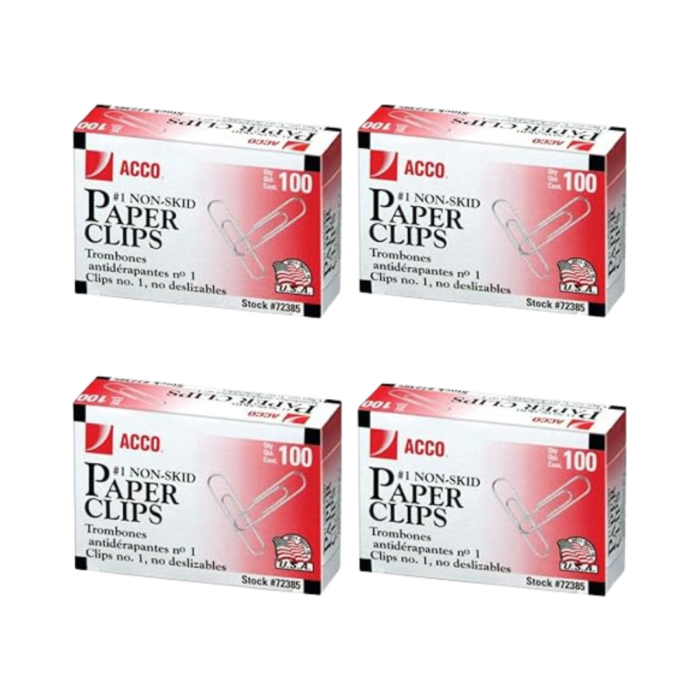 ACCO Paper Clips, 1 Size, Economy, Non-skid, 100/Box (4)